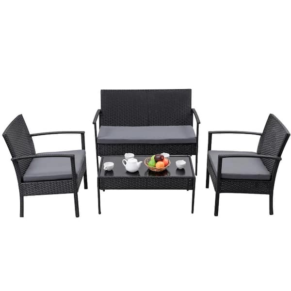 HONEY JOY Black 4-Pieces Rattan Wicker Outdoor Sectional Set Furniture Set Loveseat Sofa with Gray Cushions