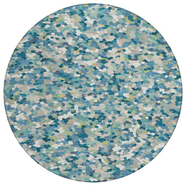Chantille Machine Washable Indoor/Outdoor Abstract ACN2507 Teal 8 ft. x 8 ft. Round Rug