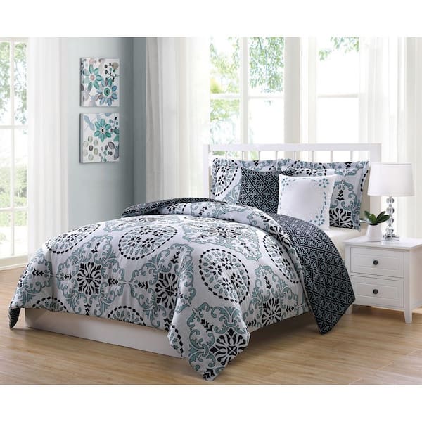 Bailey 5 Piece Blue Gray Black Full Comforter Set Ymz007994 The Home Depot