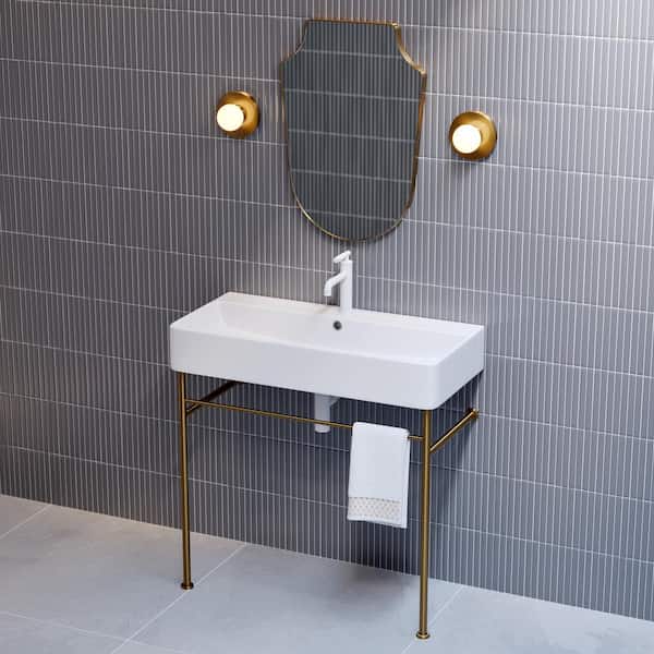 Swiss Madison Carre 36 in. Ceramic Console Sink Basin in White with Brushed Gold Legs