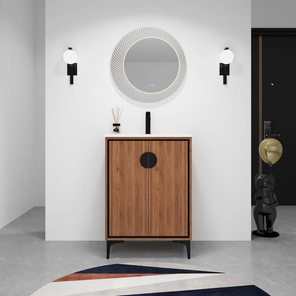 EAKYHOM 24 in. W x 18 in. D x 34 in. H Single Sink Freestanding Bath Vanity in Brown with White Ceramic Top