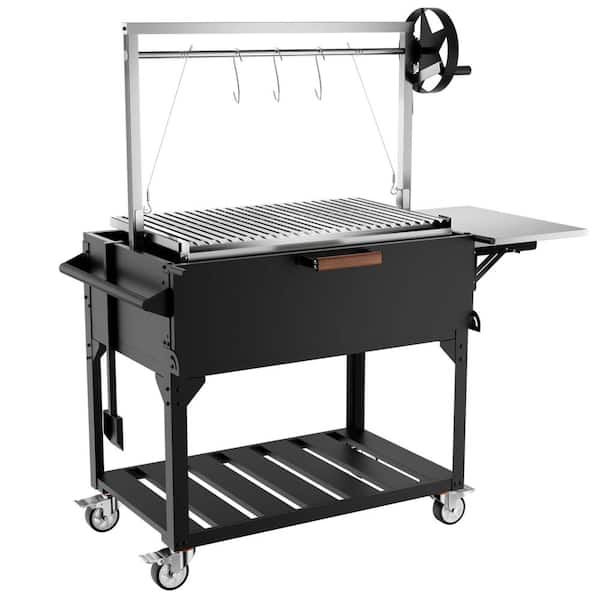 Charcoal grill featuring an adjustable-height grate, firebricks, S-hooks, and a foldable stainless steel table; black.