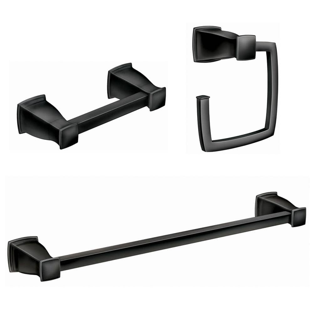 MOEN Hensley Press and Mark 3-Piece Bath Hardware Set with 24 in. Towel  Bar, Paper Holder and Towel Ring in Matte Black MY3593BL - The Home Depot