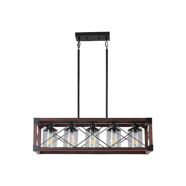 HKMGT Retro 5-Light Mahogany&Black Rectangular Chandelier with Glass Shade for Kitchen Island with No Bulbs Included
