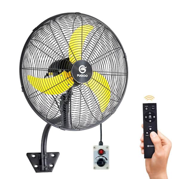 20 in. Oscillating Wall Mounted Fan in Black with Yellow Blades, All Sealed Brushless DC Motor, Waterproof, Remote