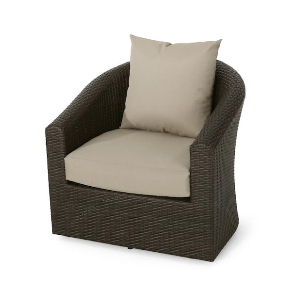 Unbranded Wicker Lounge Chair with White Cushion Swivel Club Chair-Classic Wicker Design, No Assembly Required