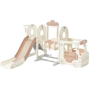 Pink Freestanding Bus Structure Playset with Swing and Basketball Hoop