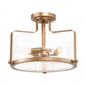 Modern 15 in. 3-Light Satin Gold Drum Semi-Flush Mount with Clear Seed Glass Shade and No Bulb Included