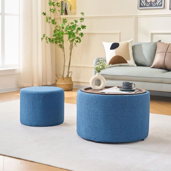 Wendell 22.75 in. and 15.75 in. Blue MDF Wood Round Upholstered Linen Nesting End Tables with Storage, Ottoman