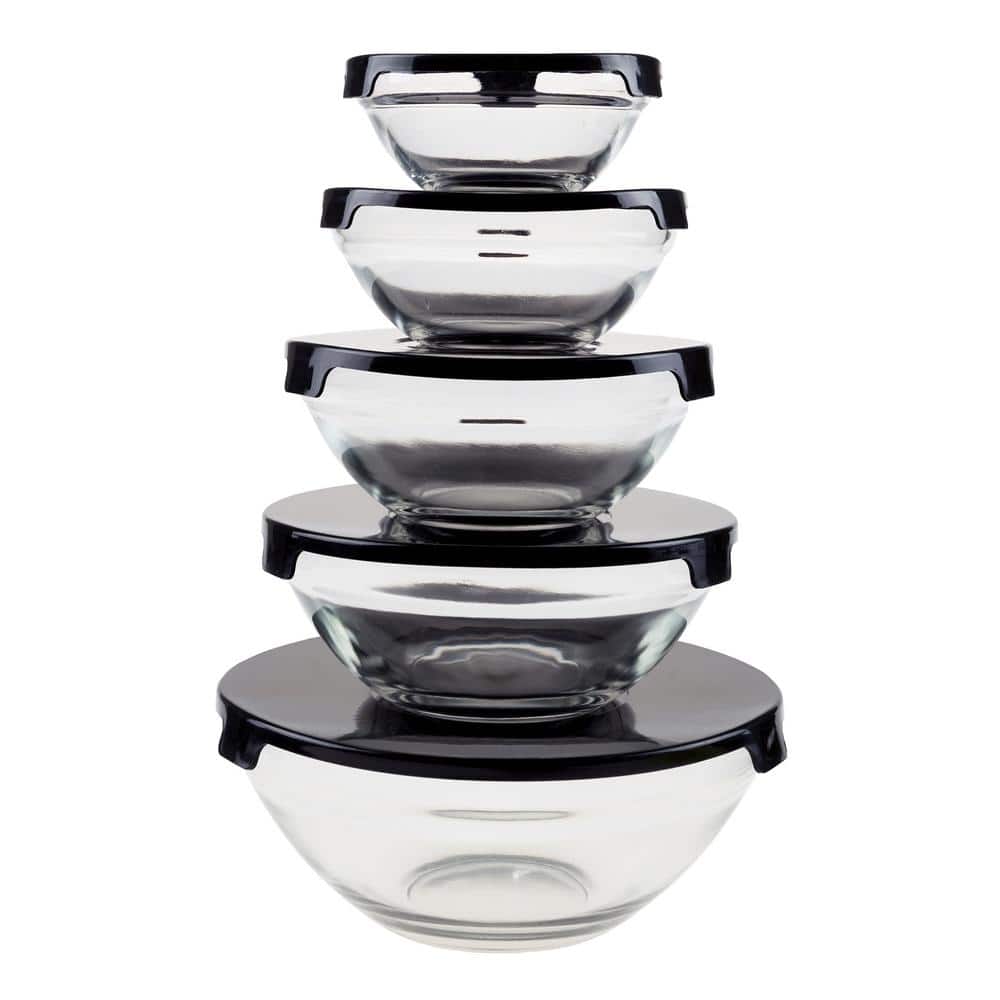 Chef Buddy 10-Piece Glass Meal Prep Bowl Set with Black Lids