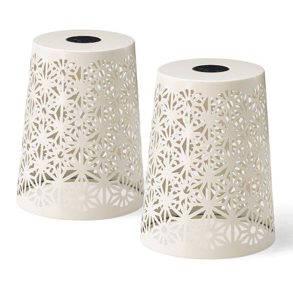 Glitzhome 17.5 in. H Kits and Accessories White Iron Cutout Geometric Pattern Solar Powdered Garden Stool Planter Stand (Set of 2)