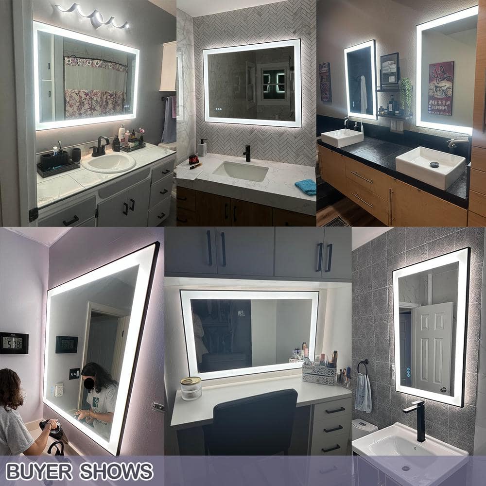 Matte Black LED Lighted Anti-Fog Tempered Glass Vanity Mirror, 60" x 28"
