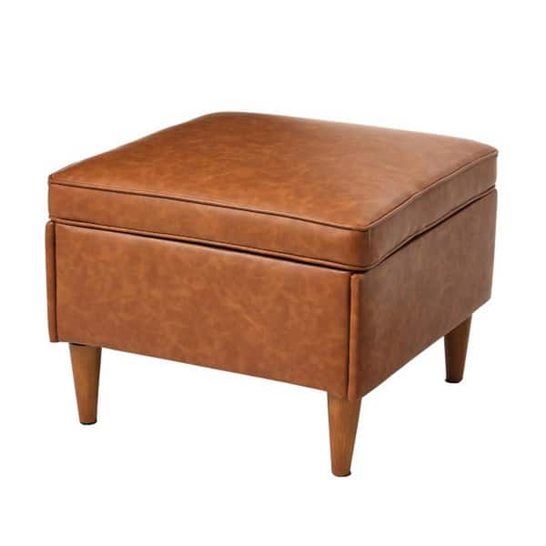 Storied Home Atley Upholstered Modern Ottoman with Storage and Solid Wood Legs, Cognac Vegan Leather