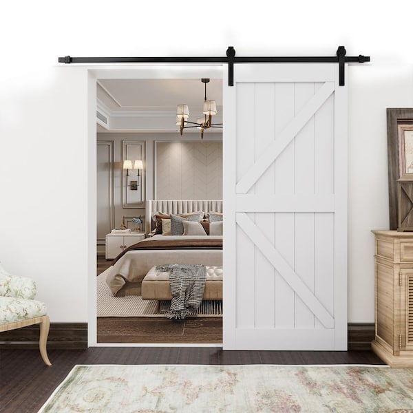 36 in. x 84 in. Paneled White Primed MDF British K Shape MDF Sliding Barn Door Slab without Hardware Kit