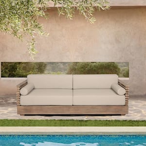 Vivid Light Brown Eucalyptus Wood Outdoor Couch with Taupe Cushions