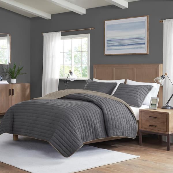 Madison Park Cameron Charcoal Full/Queen 3-Piece Polyester Crinkled Microfiber Quilt Set