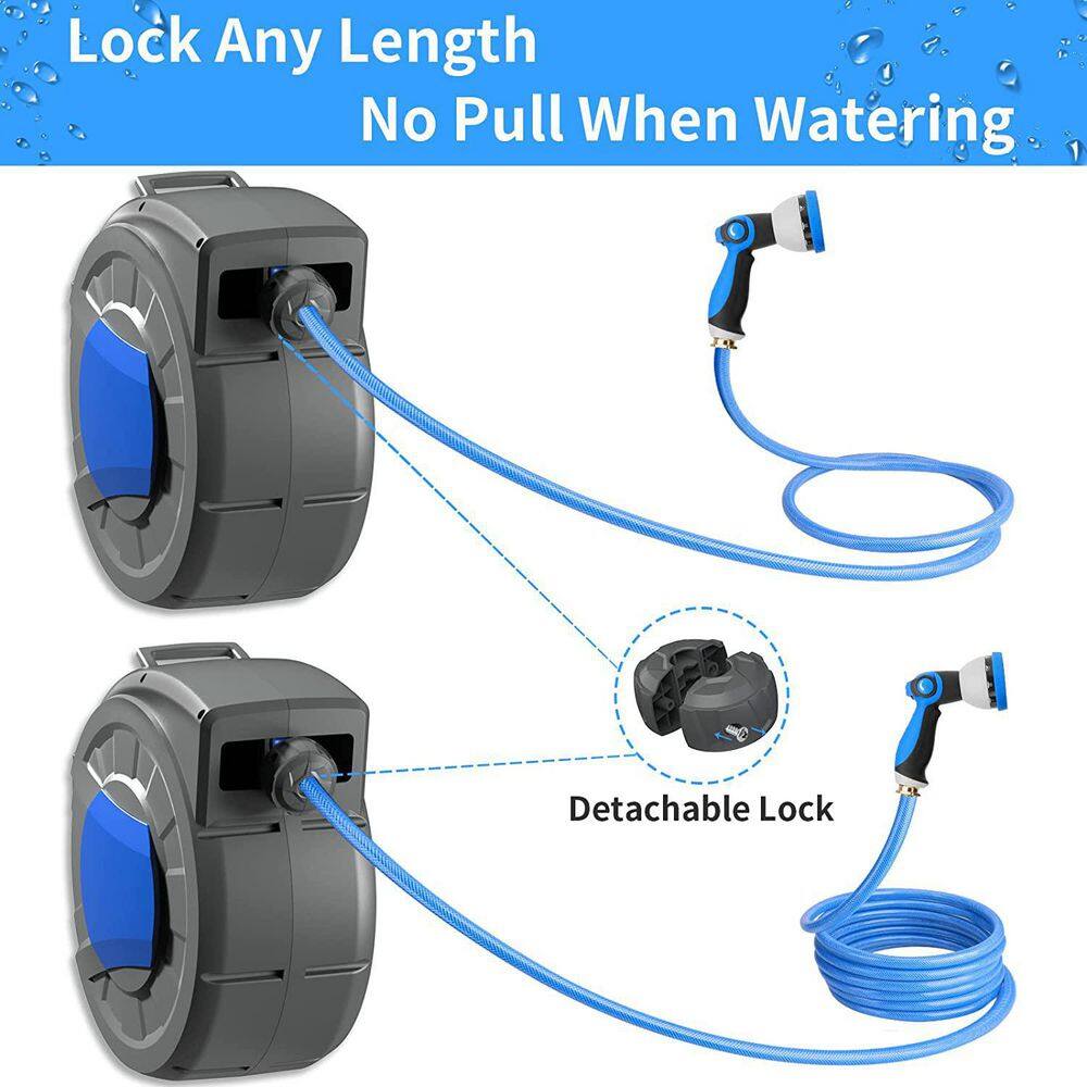 Gray and Blue Automatic Retractable Garden Hose Reel, 100 ft