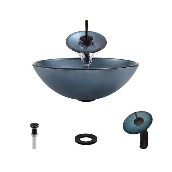 MR Direct Hand Painted Glass Vessel Sink in Blue with Waterfall Faucet and Pop-Up Drain in Antique Bronze