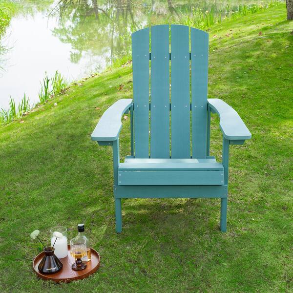 Classic All Weather and Fade Resistant Plastic Blue Adirondack Chair Painted Seating with Cup Holder