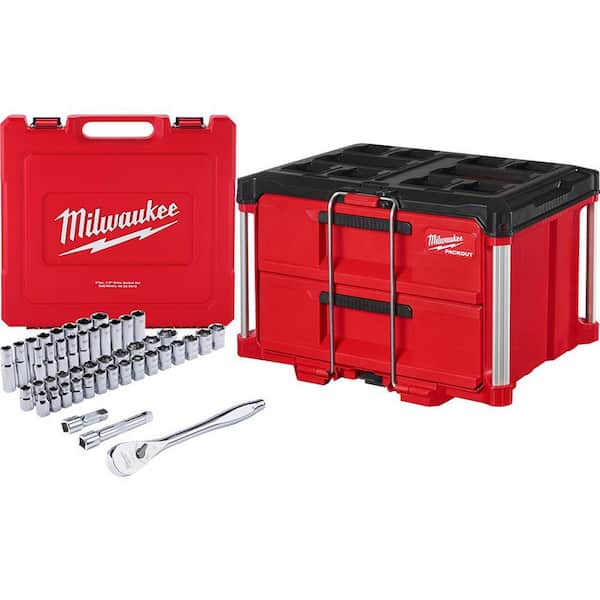 Milwaukee 1/2 in. Drive SAE/Metric Mechanics Tool Set (47-Piece) with  PACKOUT 2-Drawer Tool Box 48-22-9010-48-22-8442 The Home Depot