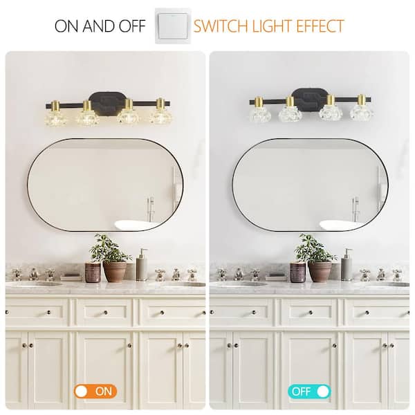 23.6 in. 4-Light Golden Bathroom Lighting Fixtures Over Mirror, Polished Modern Vanity Lights with Crystal Glass Shade