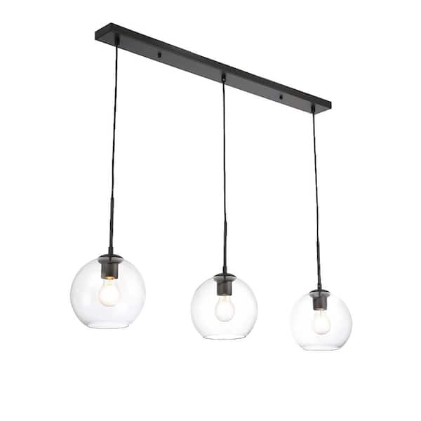 Modern 35.4 in. 3-Light Globe Pendant Light with Black Clear Glass Shade, Adjustable Height Chandelier, E26 Base