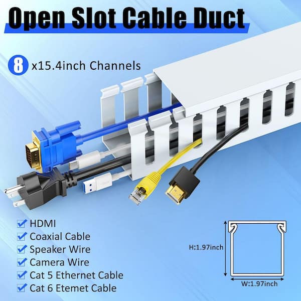 10.25 ft. White Open-Slot Wiring Raceway Cable Duct, 1.97 in. x 1.97 in. Cord Management Channel (8-Pack)