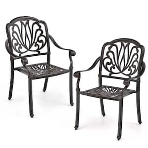 2pc Cast Aluminum Stackable Outdoor Dining Chairs Armrests in Bronze