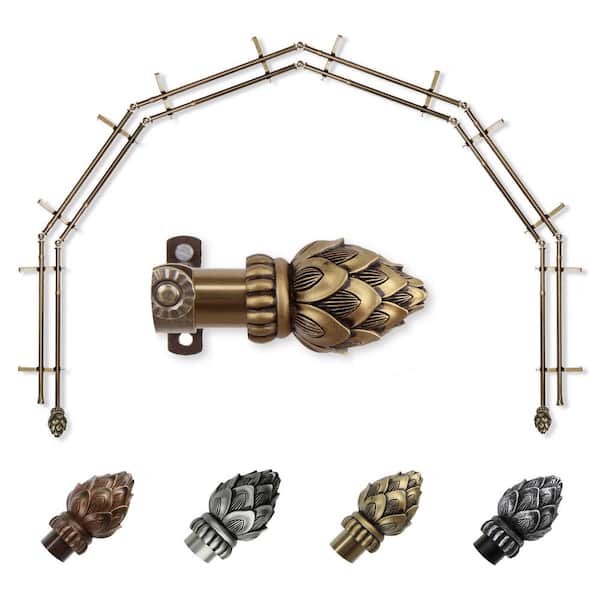 EMOH 13/16" Dia Adjustable 6-Sided Double Bay Window Curtain Rod 28 to 48" (each side) with Jace Finials in Antique Brass