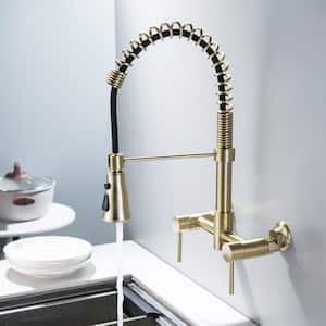 High Arch Double Handle Pull Down Sprayer Kitchen Faucet with Advanced Spray in Brushed Gold
