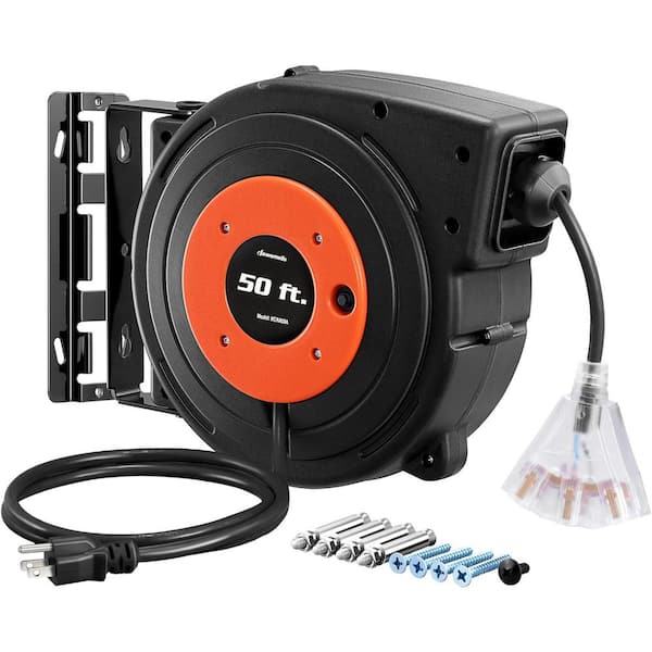13 Amp 3-Outlet Grounded Retractable Extension Cord Reel with 50 ft. Heavy Duty Power Cord 14AWG/3C SJTOW in Black