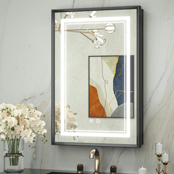 16 in. W x 24 in. H Rectangular Aluminum Alloy Framed Recessed/Surface Mount Medicine Cabinet with Mirror Dimmable LED