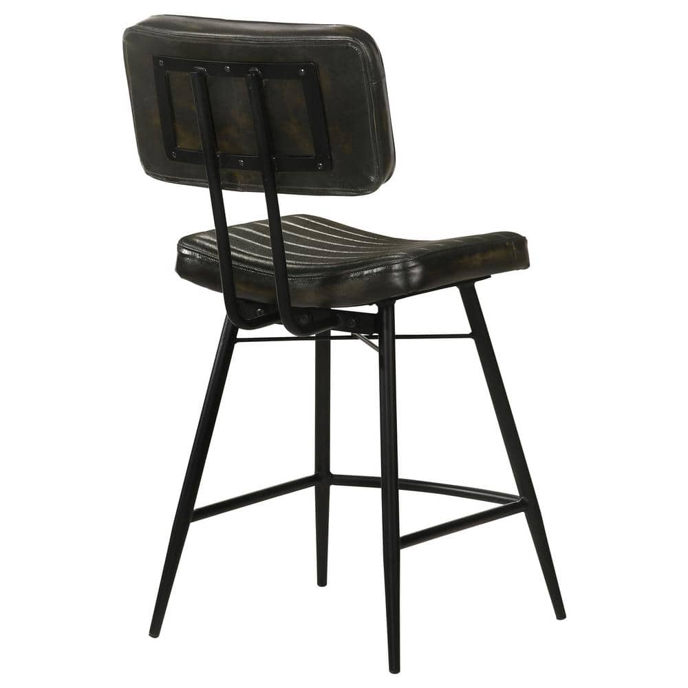 Dark Brown Leather and Wood Saddle Counter Stools, Set of 2