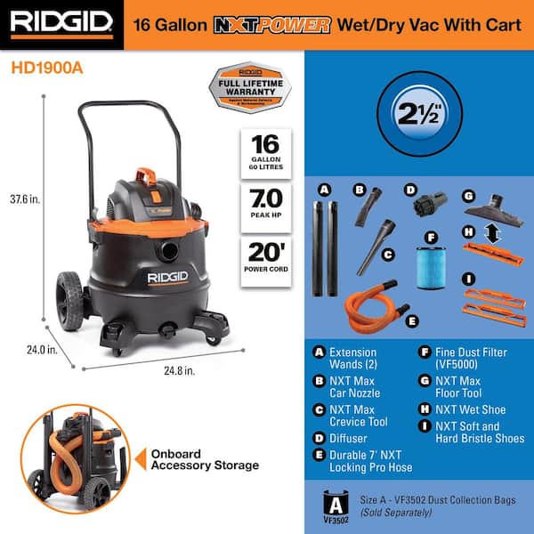 16 Gal. 7.0 Peak HP NXT Power Shop Vacuum HD1900 Wet Dry Vac with Cart, Pro Hose, Bristle Shoe Kit and Accessories