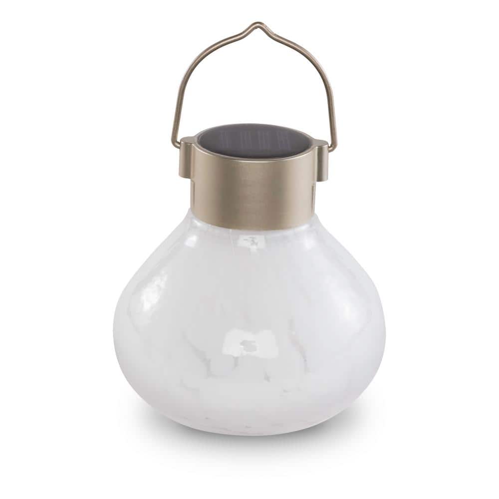 Hand-Blown White Glass Solar Tea Lantern with Steel Handle