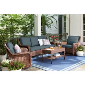 Cambridge Brown Wicker Outdoor Patio Sofa with Sunbrella Denim Blue Cushions