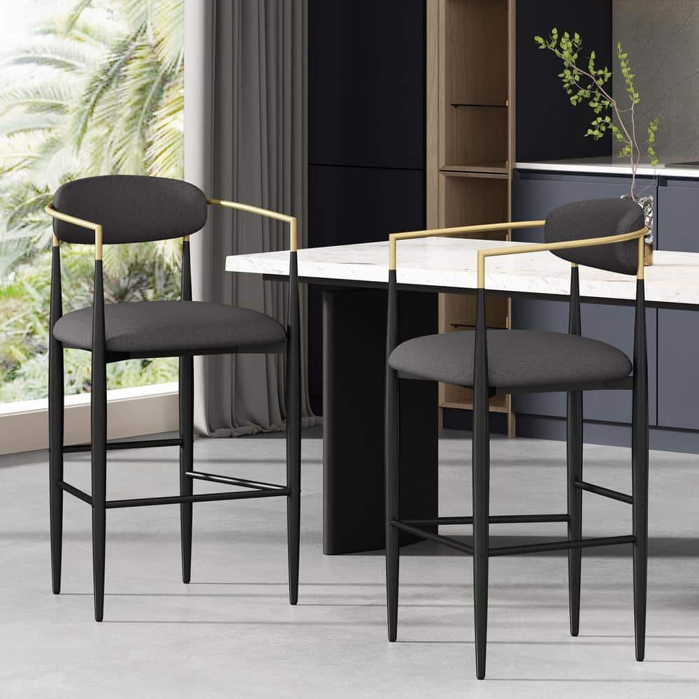 Boise Extra Tall Black Metal and Gray Upholstered Bar Stools, Set of 2