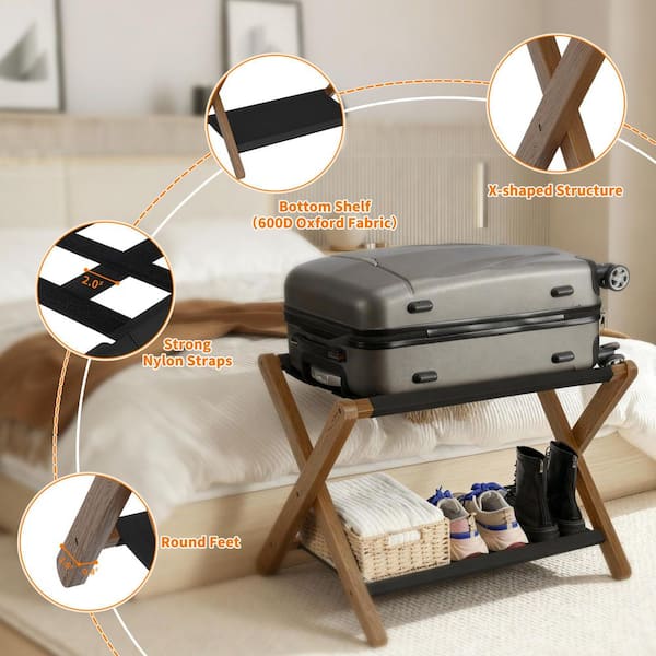Numhew Heavy-Duty Walnut Folding Luggage Rack with Storage Shelf