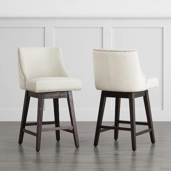 Martin 26 in. Beige Solid Wood Frame Swivel Counter Height Bar Stool with Back and Fabric (Set of 2)