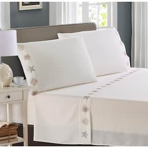 Gold & Silver Embroidered Shell 4-Piece White Microfiber Queen Sheet Set