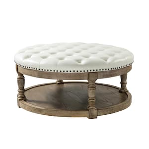 Chloe Ivory 35.5 in. Wide Vegan Leather Tufted Transitional Square Coffee Table Ottoman with Solid Wood Legs
