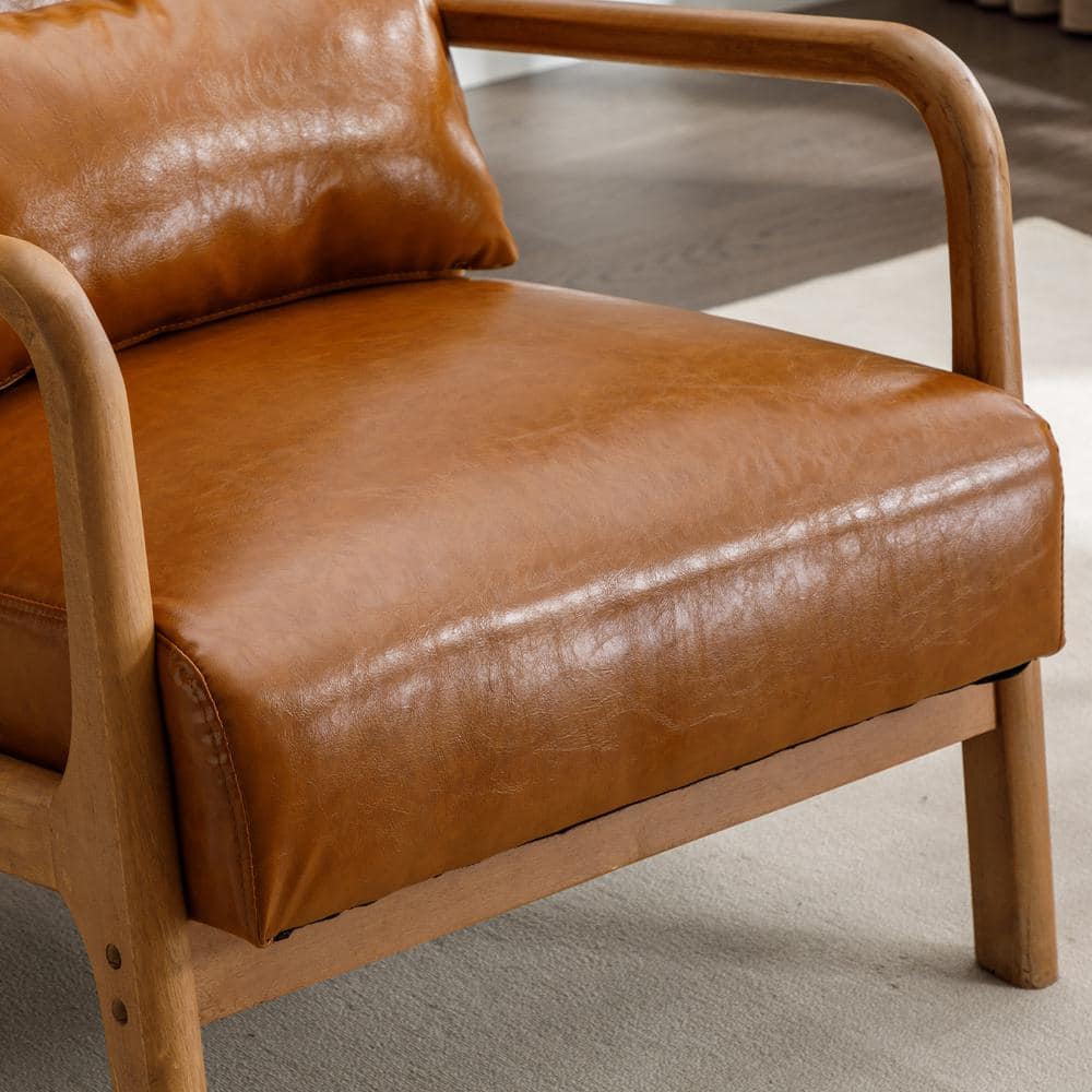 Camel Faux Leather Barrel Accent Chair with Wood Frame