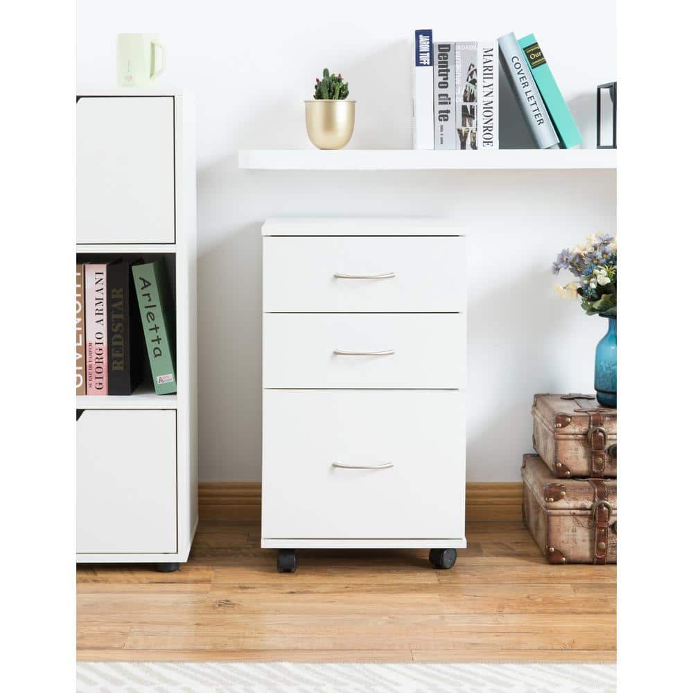 White 28" Mobile 3-Drawer Wooden File Cabinet with Casters