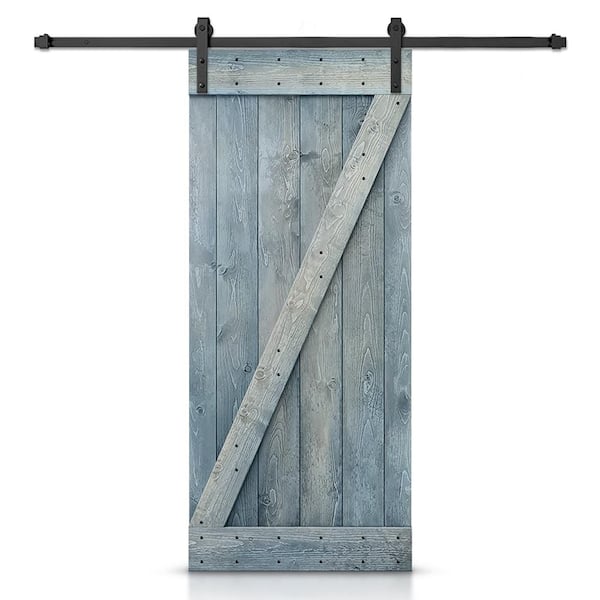 CALHOME Z Bar Series 24 in. x 84 in. Pre-Assembled Denim Blue Stained Wood Interior Sliding Barn Door with Hardware Kit