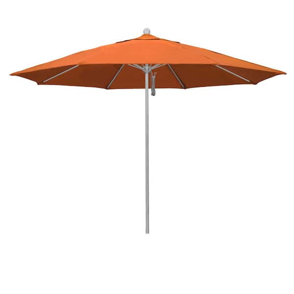 11 ft. Grey Woodgrain Aluminum Market Patio Umbrella with Fiberglass Ribs Pulley Lift in Tangerine Sunbrella