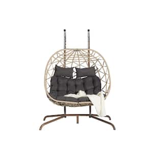 600 lbs Metal Outdoor Rattan Hanging Patio Swing Chair Patio Wicker Egg Chair with Stand and Deep Gray Cushions
