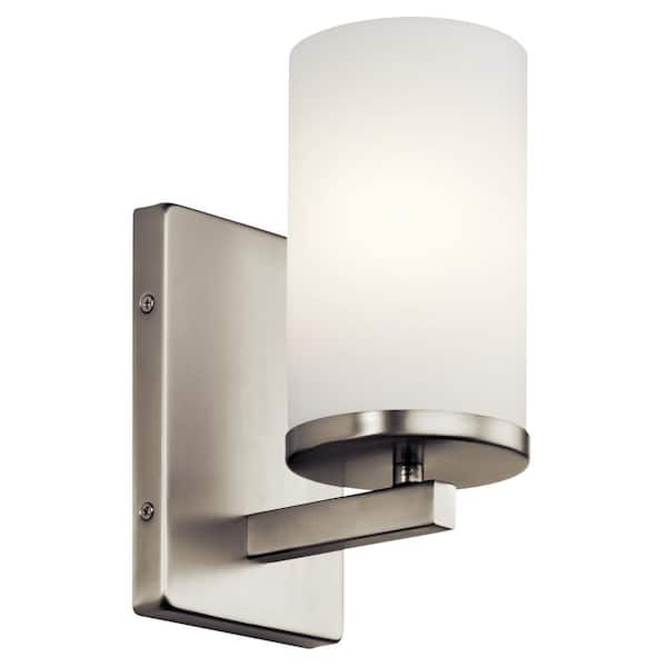 KICHLER Crosby 1-Light Brushed Nickel Bathroom Indoor Wall Sconce Light with Satin Etched Cased Opal Glass Shade