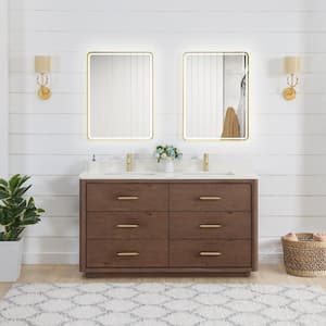 Porto 60 in. W x 22 in. D x 33.8 in. H Double Sink Bath Vanity in Aged Dark Brown Oak with White Qt. Stone Top