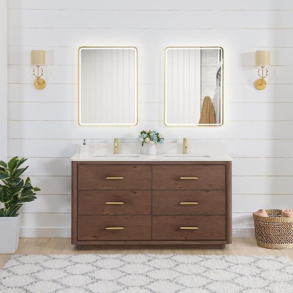 Porto 60 in. W x 22 in. D x 33.8 in. H Double Sink Bath Vanity in Aged Dark Brown Oak with White Qt. Stone Top