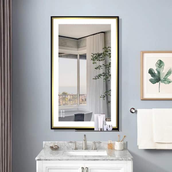 FORCLOVER 40 in. W x 24 in. H Rectangular Aluminum Framed Anti-Fog Dimmable Wall Mounted Bathroom Vanity Mirror in Black and Gold